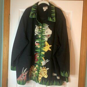 Anage Vintage Embroidered Jungle Animal Jacket Giraffe Antelope Leopard Art 2X